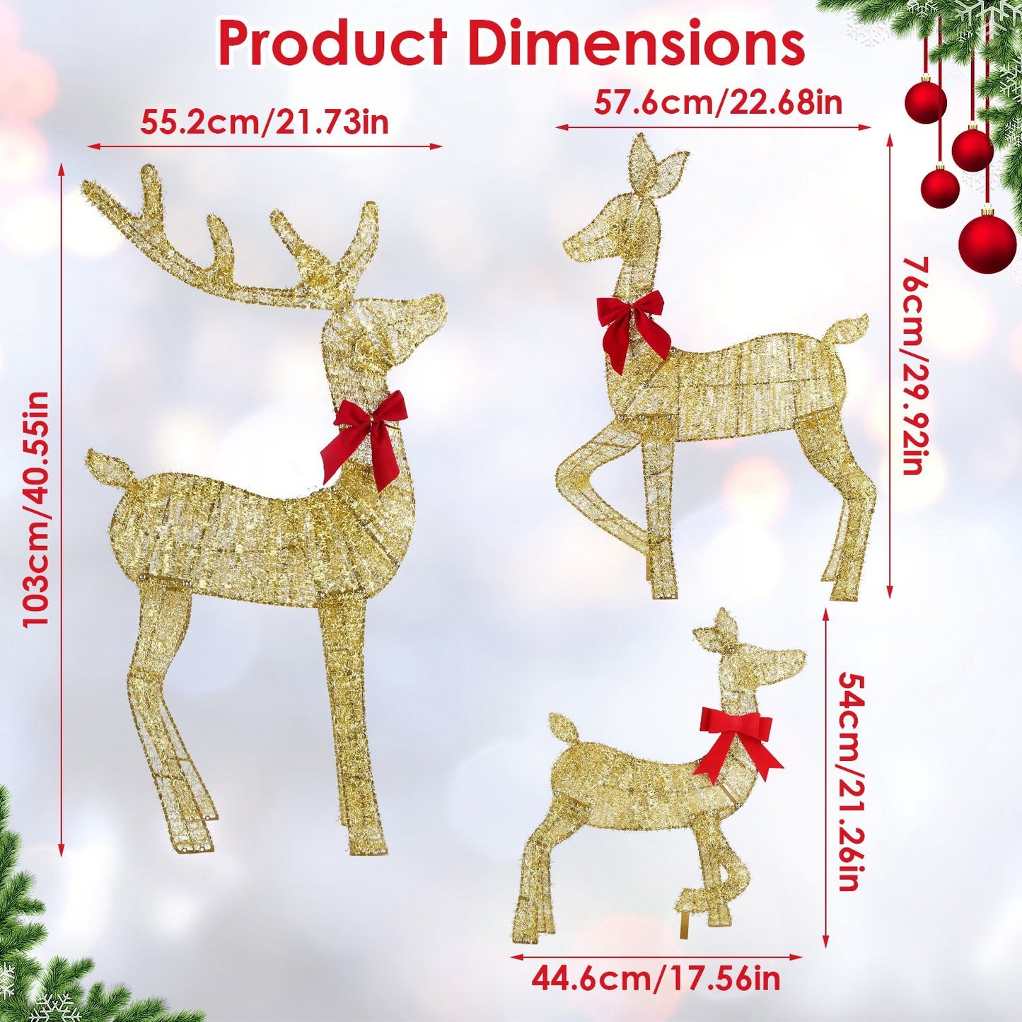 3Pcs In 1 Set Lighted Christmas Deer 8 Lighting Modes