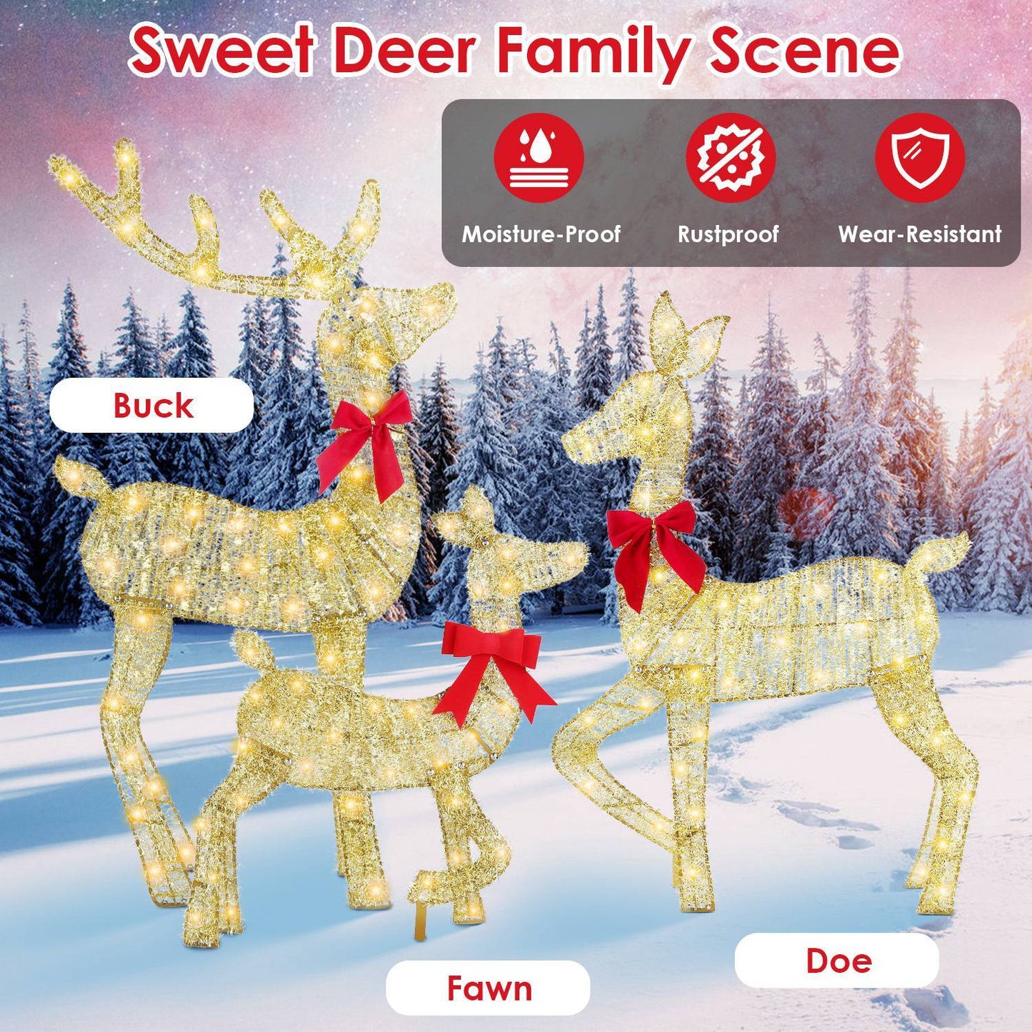 3Pcs In 1 Set Lighted Christmas Deer 8 Lighting Modes