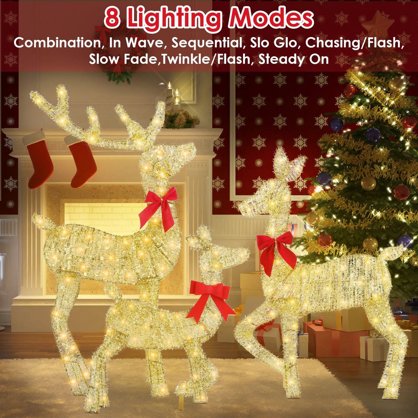 3Pcs In 1 Set Lighted Christmas Deer 8 Lighting Modes